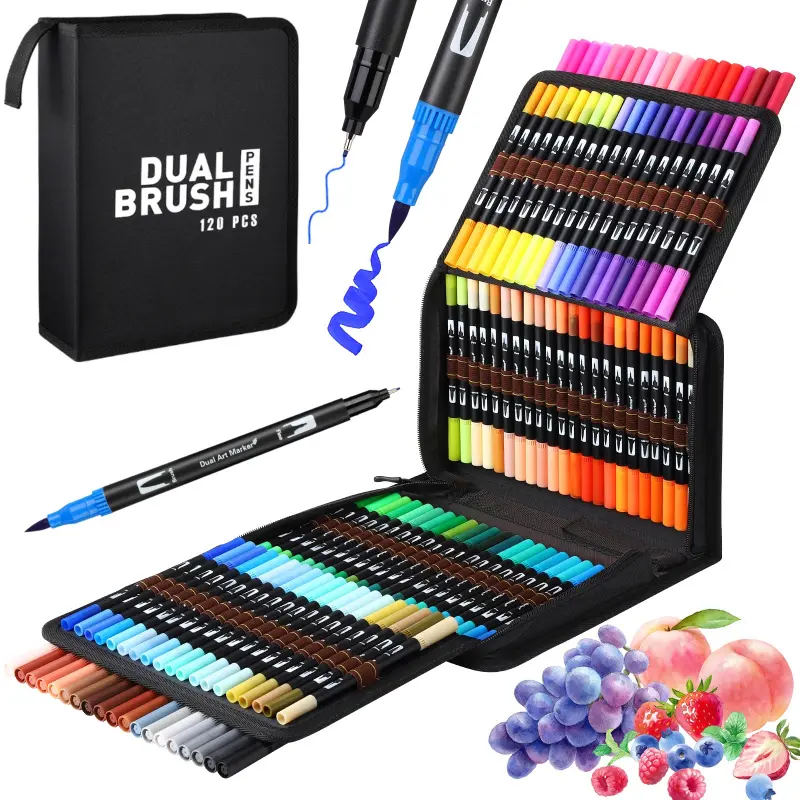 Dual Brush Markers Pens, Artist Coloring Marker Set, Marker Calligraphy, Fineliner & Brush Tip Pen, Drawing Tools, with Case Coloring Books Journal, Drawing, DIY Art Design, Art Painting Supplies, Art Craft Supplies, Art Supply, 12/24/36/48 Colors