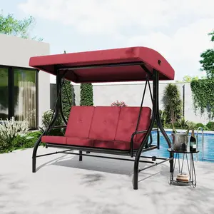 Porch Swing with Stand, 3 Seat Outdoor Patio Swing, 2-in-1 Convertible Swing Bed, Stepless Adjustable UV Resistant Waterproof Canopy, 800 Lbs Capacity, Cushioned Swing for Garden Backyard