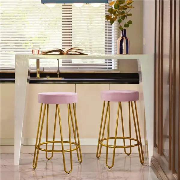 Costoffs 26.5'' H Velvet Counter Stools, Set of 2, Modern Glam Round Backless Bar Stools with Gold Metal Legs, 3'' Thick Padded Seat, 300 lb per Stool