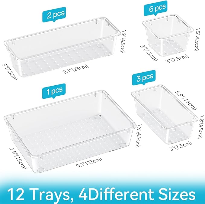 12‑Piece Drawer Organizer Set Clear Plastic Storage Trays for Makeup Desk & Bathroom 4 Sizes Modular Dividers for Vanity Office Supplies Jewelry Tools & Gadgets