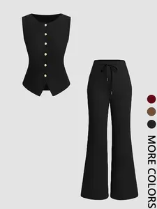 2-Piece Solid Color Ribbed Fitted Sleeveless Button Top & High-Waisted Drawstring Flare Pants Co-Ord Set for Daily Wear