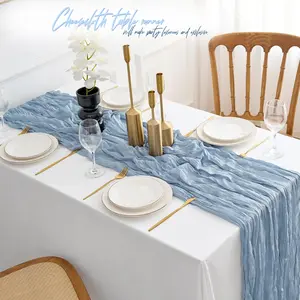 Bohemian Blue Table Runner Cheese Cloth, Pure Color Bohemian Gauze Tablecloth, Long Semi-Transparent Table Cover for Party Decor