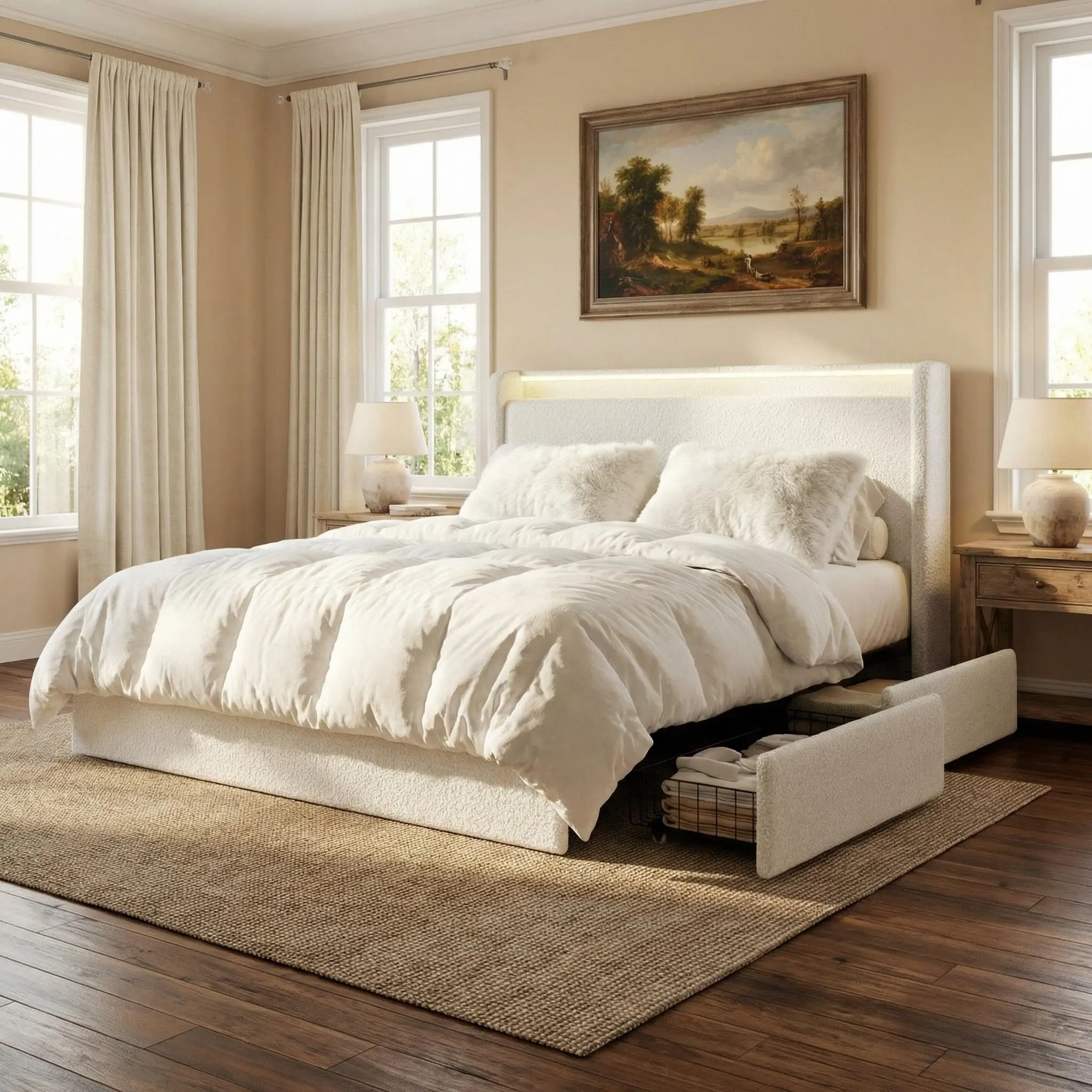 Garvee Bouclé Upholstered Cloud Platform Bed Frame - Queen/Full Size, Cream/Beige, Stable Bedroom Furniture with Storage Drawers, RGB LED Light, Silent EVA Strips, USB Charging Station, No Box Spring Needed, Easy Assembly (Fits Full Size Mattress),sohochi