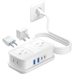 European Travel Plug Adapter: - 4 Outlets 4 USB Ports (2 USB C) with 3.6FT Wrapped Short Extension Cord, Small Portable Desktop  Station, Compact for Hotel Travel Cruise Essentials