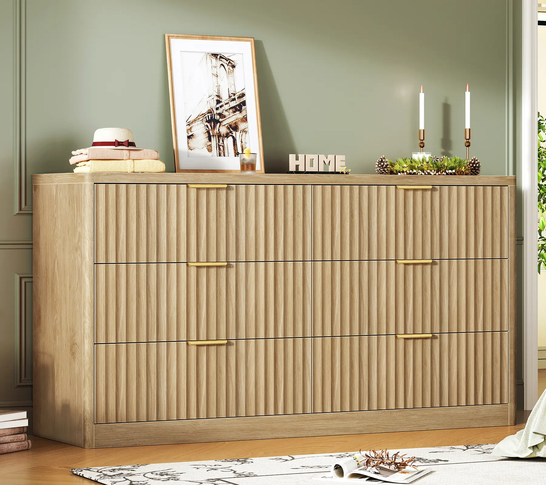56.3'' Dresser for Bedroom with 6 Drawers, Dressers & Chest of Drawers with Curved Profile Design, 6& 8 Drawer Dresser, Fluted Dressers, Wood Dressers for Bedroom, Living Room, Natural