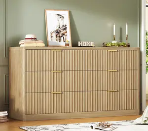 56.3'' Dresser for Bedroom with 6 Drawers, Dressers & Chest of Drawers with Curved Profile Design, 6& 8 Drawer Dresser, Fluted Dressers, Wood Dressers for Bedroom, Living Room, Natural