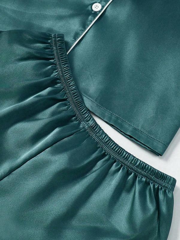 LuxeNights 3pcs Set Women Contrast Trim Solid Color Faux Silk Lapel Sleepwear Set - Dark Green