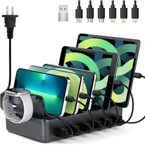 Station for Multiple Devices, 6 in 1 Charger Station Multiple  Station for Cellphone Tablet for  iPad and More-50W  Dock with Mixed  Cables