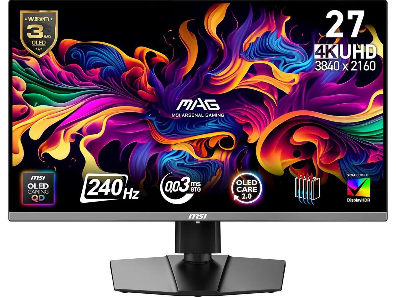 MSI MAG 272UP QD-OLED X24 26.5" QD-OLED UHD 240Hz Gaming Monitor – 4K, 0.03ms, NVIDIA G-SYNC Compatible, DisplayHDR True Black 400, HDMI 2.1, Type-C, Height Adjustable Stand