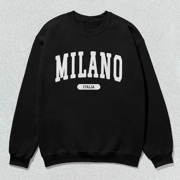 Men's Milano Collegiate Crewneck Sweatshirt - Menswear Pullover, Long Sleeve Casual Tops, Unisex Italy-Inspired Design, Round Neck, Slogan Print, Preppy Look, Lettering