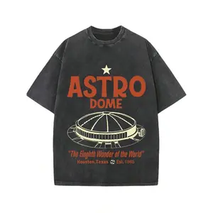 Men's Retro Houston Astrodome T-Shirt -1960 S Texas Stadium Pattern Design, World's Eighth Wonder Theme, Black With Orange Red Embellishment, Classic Crewneck Street Style Shirt, Suitable For Houston Sports Fans And History Fans-Machine Washable Retro