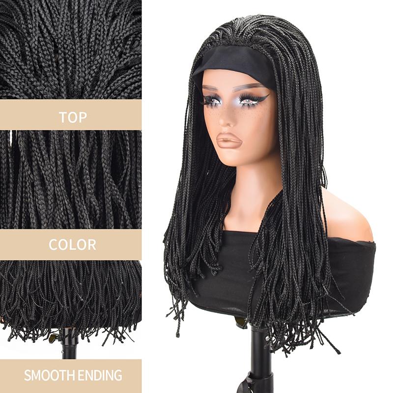 20 Inch Box Braided Headband Wig for Black Women, Long Synthetic Braided Wig with Headband, Glueless Easy Wear Crochet Braids Wig Natural Black Protective Style Wig Daily Use
