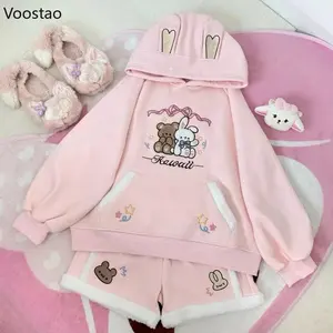 Japanese Kawaii Lolita Style Hoodie Shorts Sets Women Sweet Cartoon Rabbit Hooded Sweatshirt Cute Short Pants Girls  Outfits