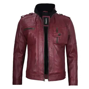 Men's Maroon Waxed Biker Leather Jacket – Bold & Durable Motorcycle Jacket