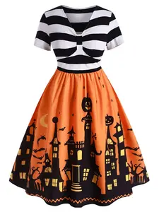 Women's Plus Size Halloween Dress Funny Striped Pumpkin Halloween Costume Flared Dresses