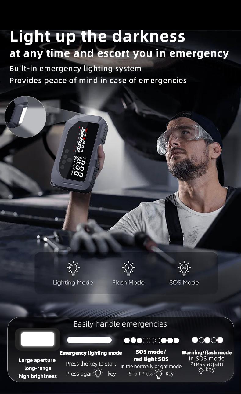 12V Portable Car Jump Starter 2000A Peak Emergency Battery Booster, Multifunction Power Bank with LED Light & Safe Protection, Universal Vehicle Jump Box for Roadside Assistance, Outdoor Camping and Daily Emergencies