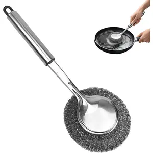 Long Handle Steel  , Stainless Steel Pot & Pan  with Replaceable Scouring Ball, Heavy Duty Cast Iron Cleaner for Skillets, Griddles & Cookware ( / 1 Pack)