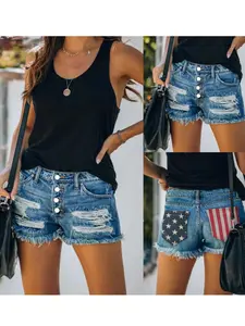 Independence Day American Flag Print Bottom Tassel Denim Pocket Shorts, Women's Ripped Denim Shorts, Comfortable Summer & Spring Wear, Y2K Style, Button Fly Closure, A-Type Silhouette, Plain Pattern