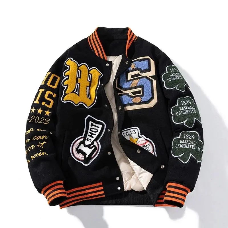 Embroidery Varsity Jacket Men Women Letter Winter American Baseball Jacket Hip Hop Woolen Coat Thick Warm Outwear Parkas Brown
