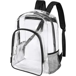 Clear Backpack Heavy Duty - 16x12x6 in Large Transparent Backpacks for School, College, Work - See Through PVC Plastic Bookbag for Girls Boys (Black)