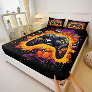 3PcsGraffiti Gaming Controller Fitted Sheet Set, Vibrant Video Game Themed Bedding Set with Dynamic Paint Splatter Design, Black Background & Neon Hues (Orange/Yellow/Purple),Includes 2 Pillowcases, No Pillow Core