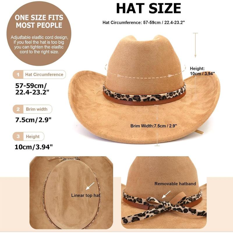 Classic Suede Cowboy Hat for Adult Wide Brim Western Cowgirl Hat Women Fedora Hat with Leopard Print Hatband