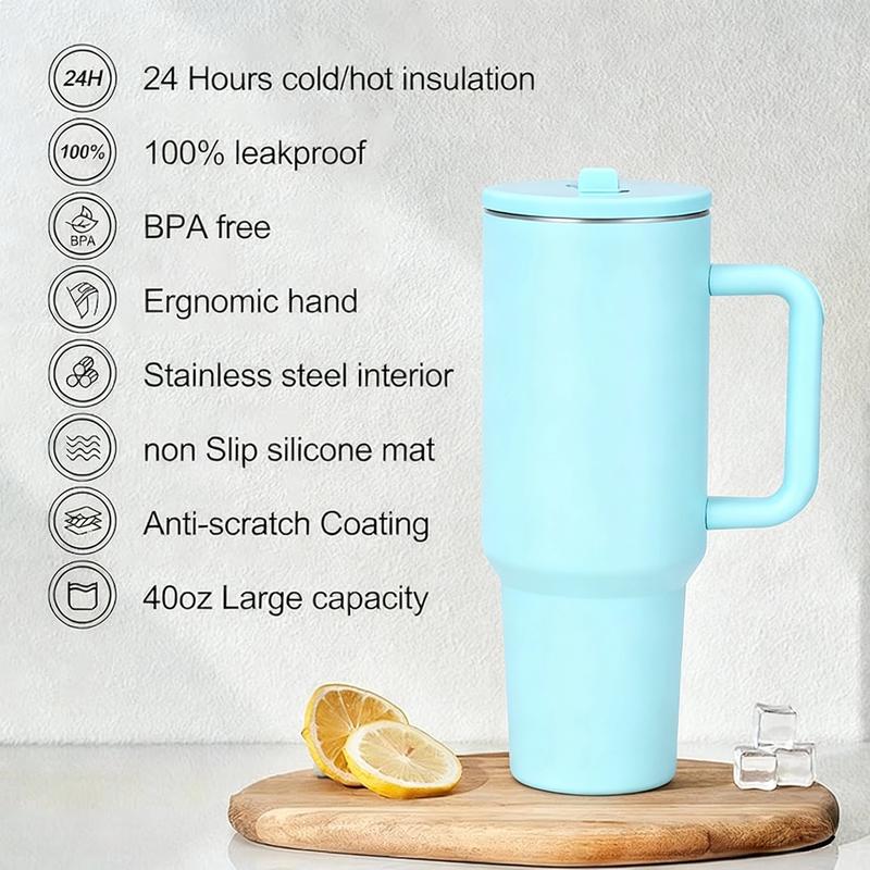 Solid Color 40 Oz Tumbler With Handle 2-In-1 Straw And Straw Lid Leak-Proof Dishwasher-Safe, Insulated Stainless Steel Travel Coffee Mug Long-Lasting Heat Retention, Suitable For Car Cup Holders, Office, Christmas Gifts