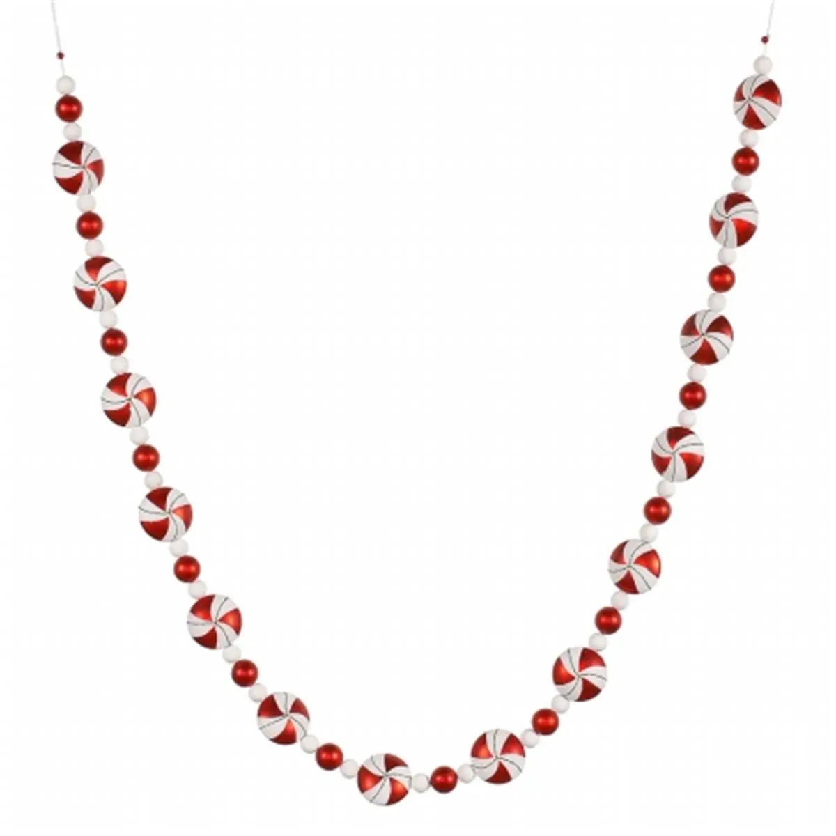 212 MAIN Decorative Plastic Candy-Stripe Garland, 6 ft x 60mm Round Red-White Festive Ornaments with Round Orbs (1 Box), Candy-Striped Round Ornaments