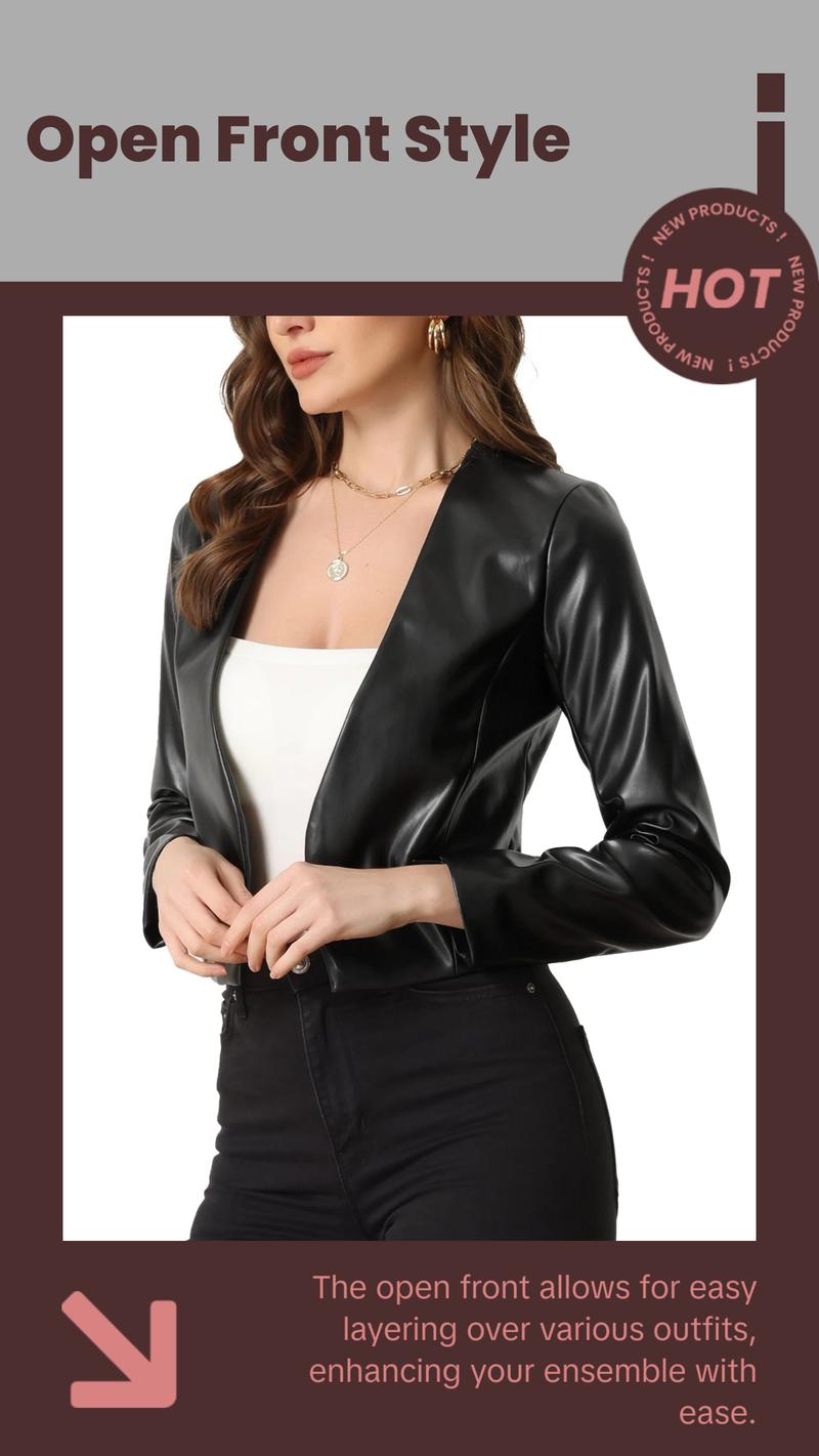 Faux Leather Crop Blazer for Women'S Collarless Open Front PU Moto Biker Jackets XL Black Faux Leather Crop Blazer for Women'S Collarless Open Front PU Moto Biker Jackets XL Black