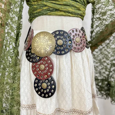 Unisex Boho Style Handmade Vintage Charm Belt - Unique Design, Faux Leather, Disc Studs, Steel Buckle, 90s Y2K Hippie Wicca Whimsical Vibe, 41 inches Retro Fashion Accessory for Women