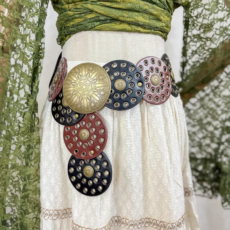 Unisex Boho Style Handmade Vintage Charm Belt - Unique Design, Faux Leather, Disc Studs, Steel Buckle, 90s Y2K Hippie Wicca Whimsical Vibe, 41 inches Retro Fashion Accessory for Women