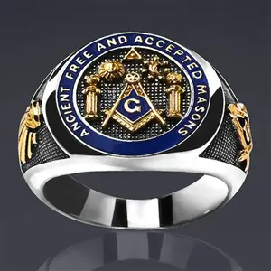 Religious Totem Masonic Blue Drop Oil Two-tone Ring Men's Ring