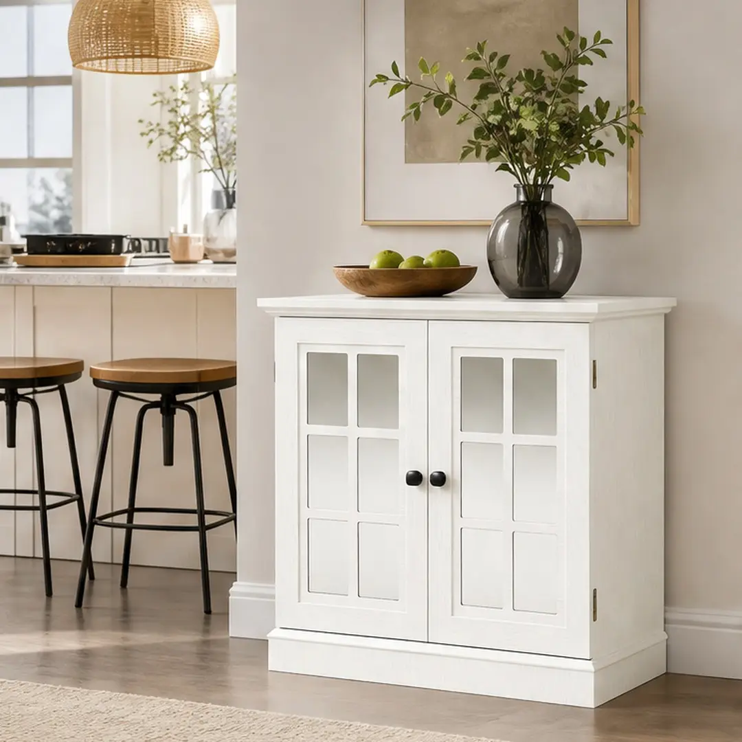 ARCH Storage Sideboard Cabinet with 2 Acrylic Mirrored Doors Adjustable Shelf for Dining Room Living Room Kitchen MDF White 3D Wood Grain Finish Metal Handles Anti-Tip Safety, Black OAK/White/White OAK Color Options, MDF Material, Color: White