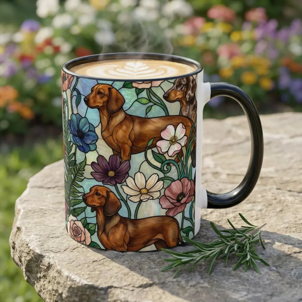 Stained Glass Style Dachshund Dog Coffee Mug, Floral Dog Mom Tea Cup, Wiener Dog Gift for Doxie Dog Lovers, Mosaic Pet Memorial Mug