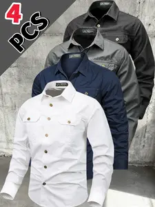 Men's 4 Piece Work Shirt Set, Long Sleeve Pocket Button Design, Suitable for Business Commute/outdoor, 4pcs Identifier, Casual Pocket Design, Button Front Shirt