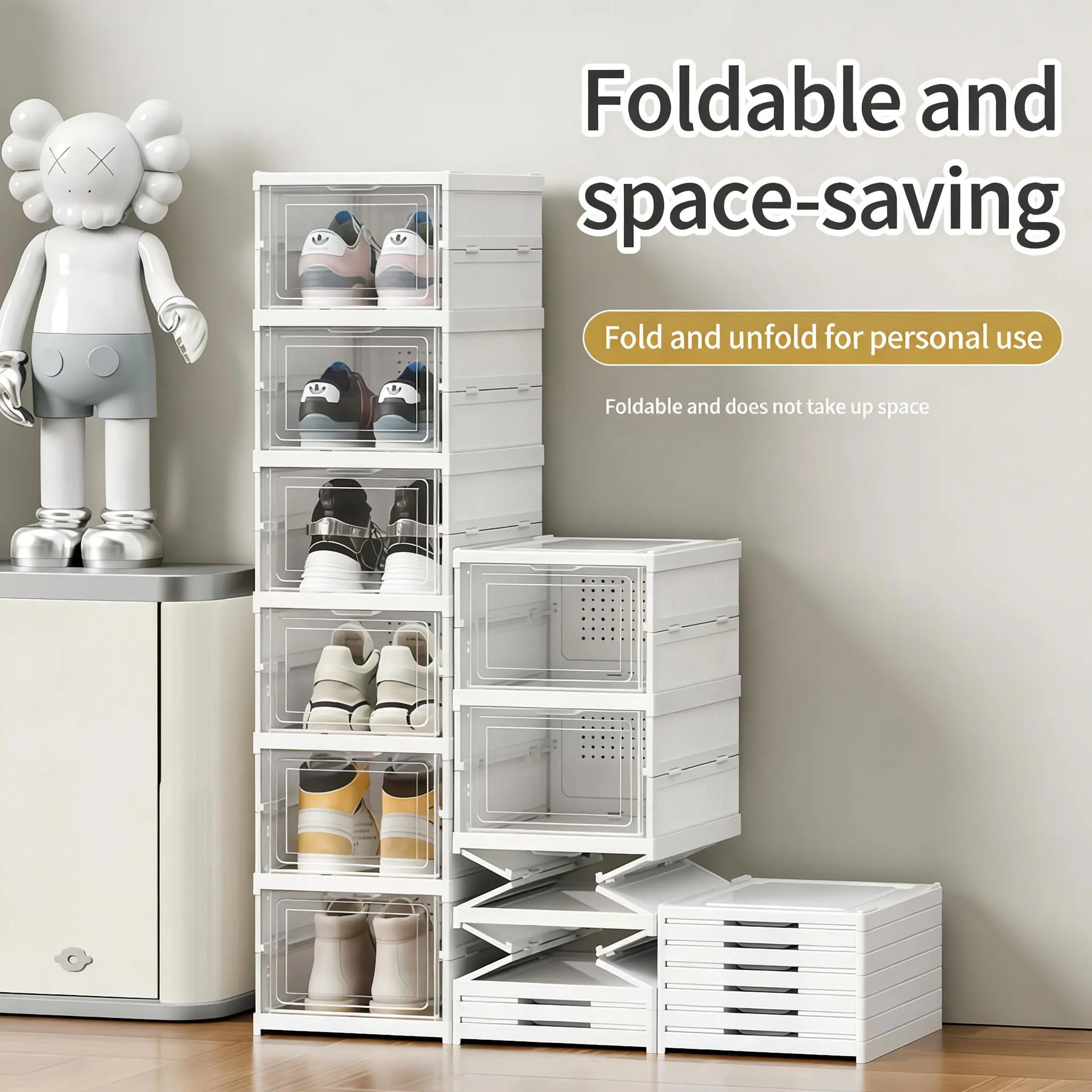 Shoe Rack Shoe Storage Box Bins Clear Collapsible Plastic Installation-Free, Stackable Foldable Tote with Lids Organizing Dustproof 6-Tiers