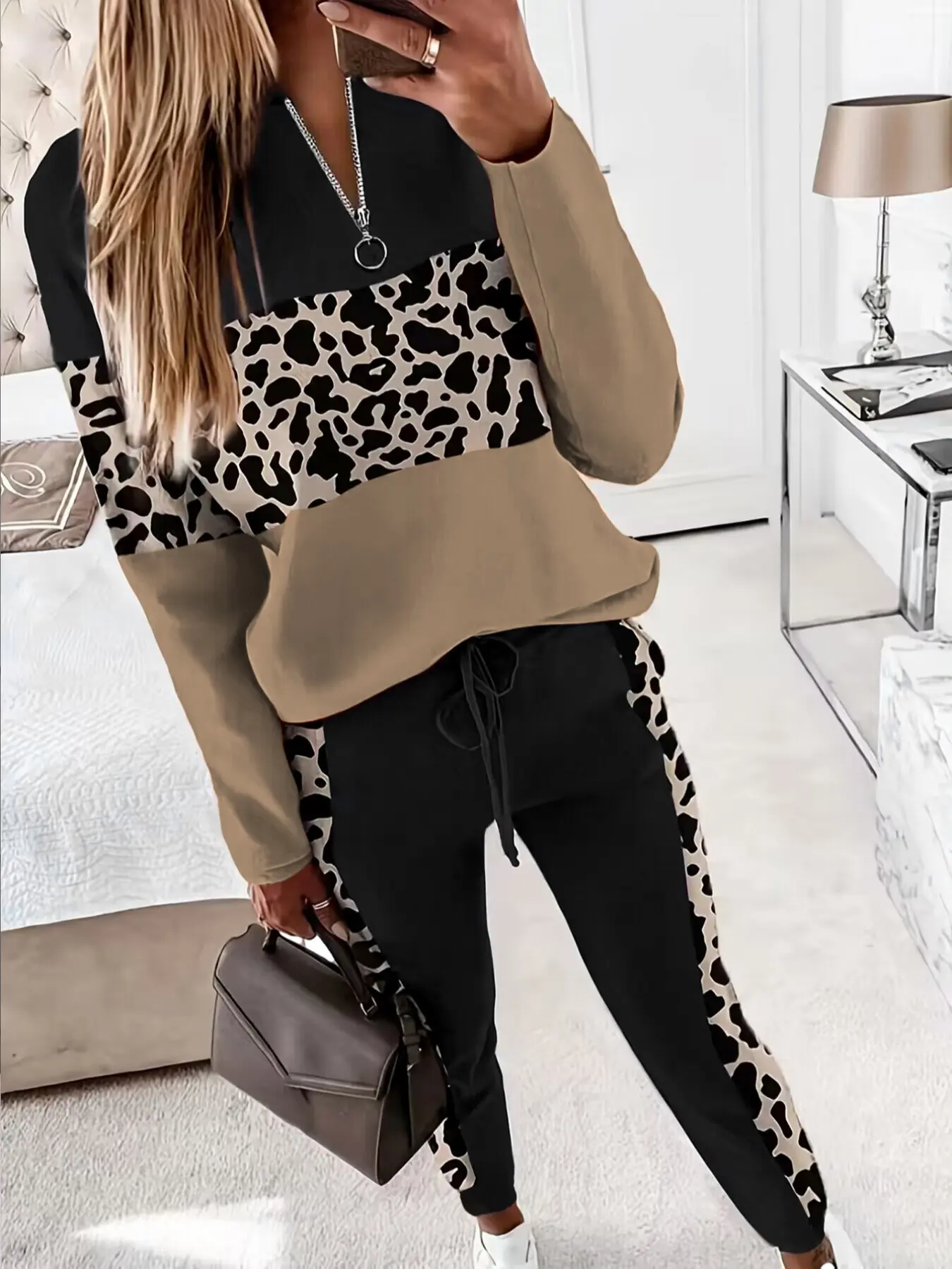 Autumn Winter New Trendy Leopard Print Patchwork Long Sleeve Pants Set, Printed Pants Set, Women's Fashion Two-Piece, Casual Style, Athleisure Wear Sets, Fitted, Womenswear, Clothes