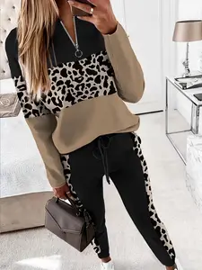 Autumn Winter New Trendy Leopard Print Patchwork Long Sleeve Pants Set, Women's Fashion Two-Piece, Casual Style, Fitted