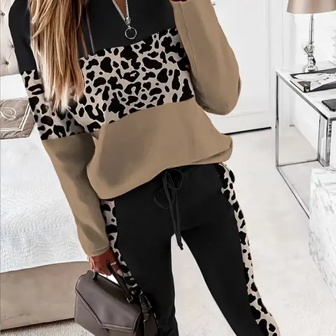 Autumn Winter New Trendy Leopard Print Patchwork Long Sleeve Pants Set, Printed Pants Set, Women's Fashion Two-Piece, Casual Style, Athleisure Wear Sets, Fitted, Womenswear, Clothes, Clothing Sets