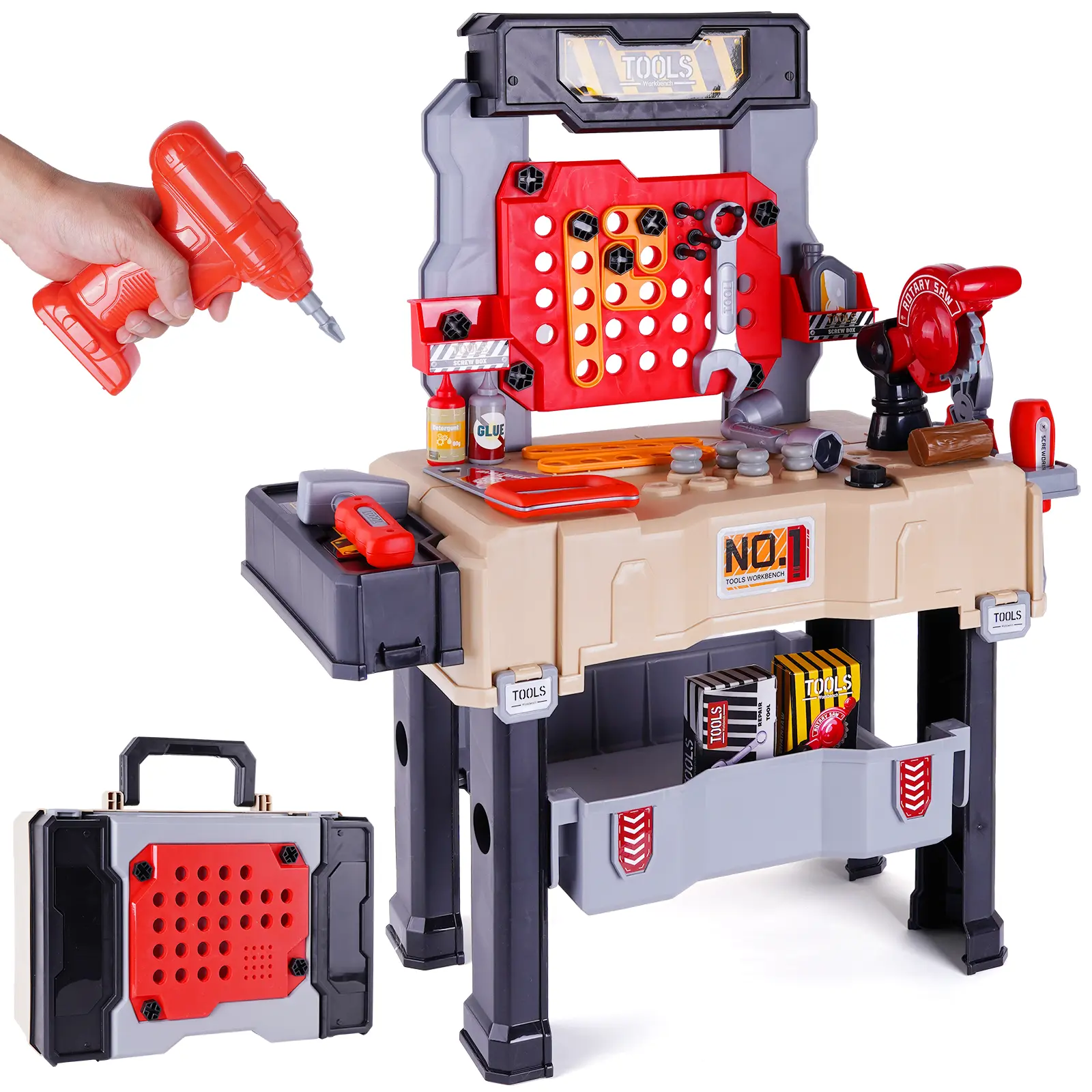 Kids Tool Bench Realistic Tools, Electric Drill, Transformable Tool Set, Motor Skills Educational Creativity, Safety Features Portable Play Durable
