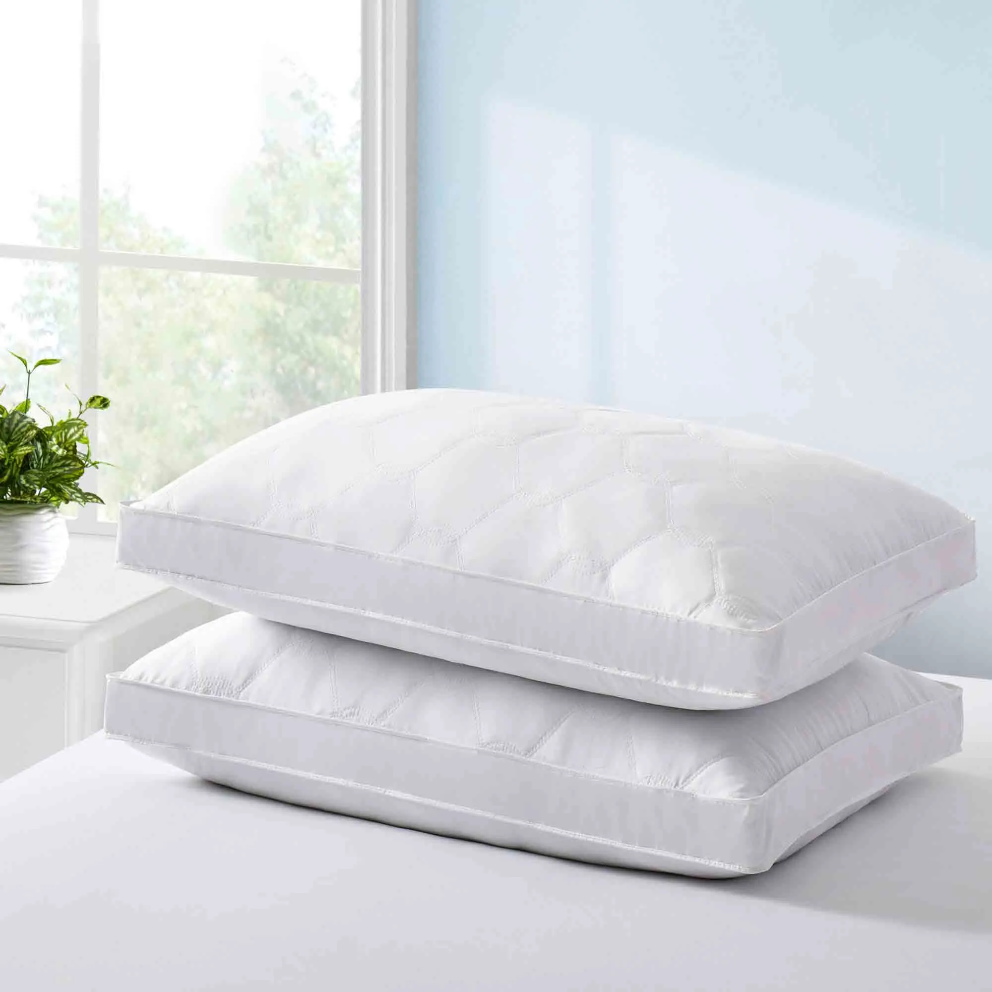 PEACE NEST 2-Pack Quilted Gusseted Feather Down Pillows, Breathable Cotton Cover, King Size, Neck Aligning Neck Support for Side Sleepers, Machine Washable, Tumble Dry on Low, Soft Support Bedding Pillows