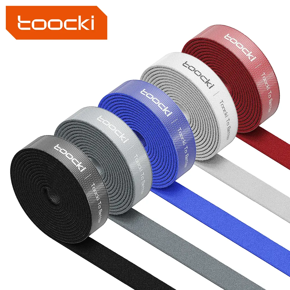 Toocki Reusable Adjustable Hook Loop Wire Cable Ties (2 Rolls, 5M x 1/2" Wide Wrap Each) - 1/2 Inch Soft Wool Grip Straps, Reuse 2-3 Laps, Can Be Used Repeatedly for Home Cable Management