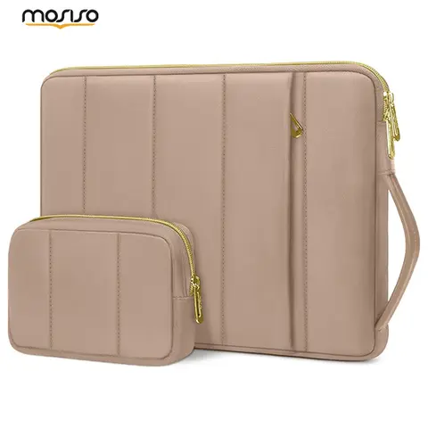 MOSISO 13-14 in Polyester Laptop Sleeve - Adjustable Side Handle, Plain Quilted Soft Protection, Bump-Shock Foam Padding, Multi-Use Zipper Closure, Mouse Pouch, Puffy Shape, Impact-Resistant for MacBook Air Pro HP Dell ASUS Lenovo
