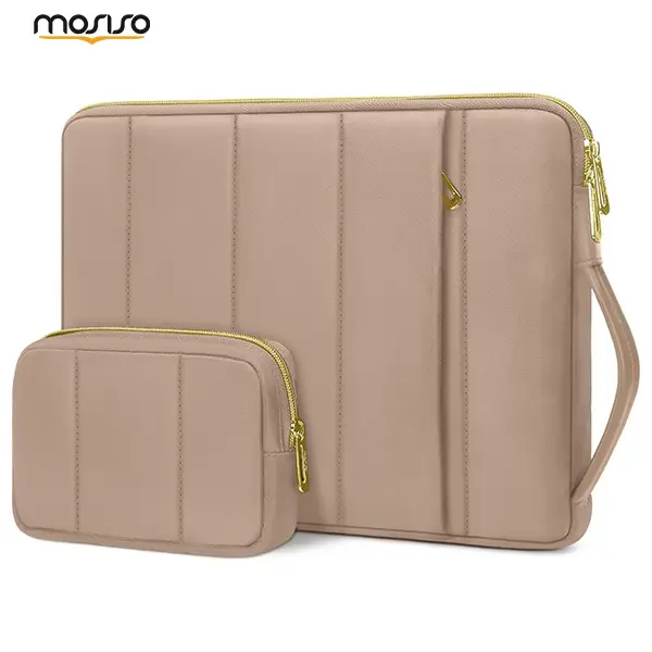 MOSISO 13-14 in Polyester Laptop Sleeve - Adjustable Side Handle, Plain Quilted Soft Protection, Bump-Shock Foam Padding, Multi-Use Zipper Closure, Mouse Pouch, Puffy Shape, Impact-Resistant for MacBook Air Pro HP Dell ASUS Lenovo