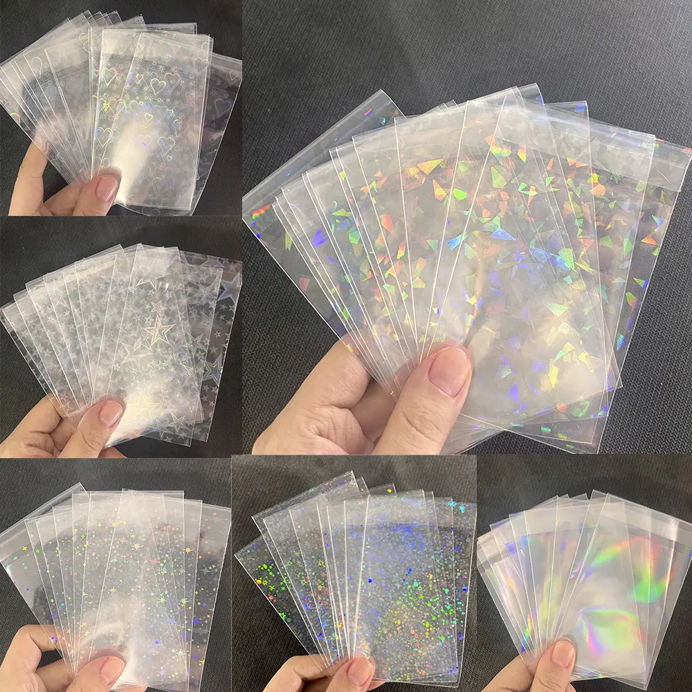 100PCS 65x90mm Holographic Foil Card Protectors, Plastic Card Sleeves, Star/Heart Design, Resealable Sleeves Protector for Star Idol Photo Card PKM/OPCG/PTCG Cards Protectors Film for Jewelry/Keepsake Storage Photo Bag Trading Card Toploaders