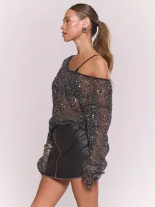 Sequin Knit Scoop Neck Long Sleeve Top Western Country Cute Sexy Streetwear Festival Y2k Boho Midwest  Party Elegant Summer Spring Holiday