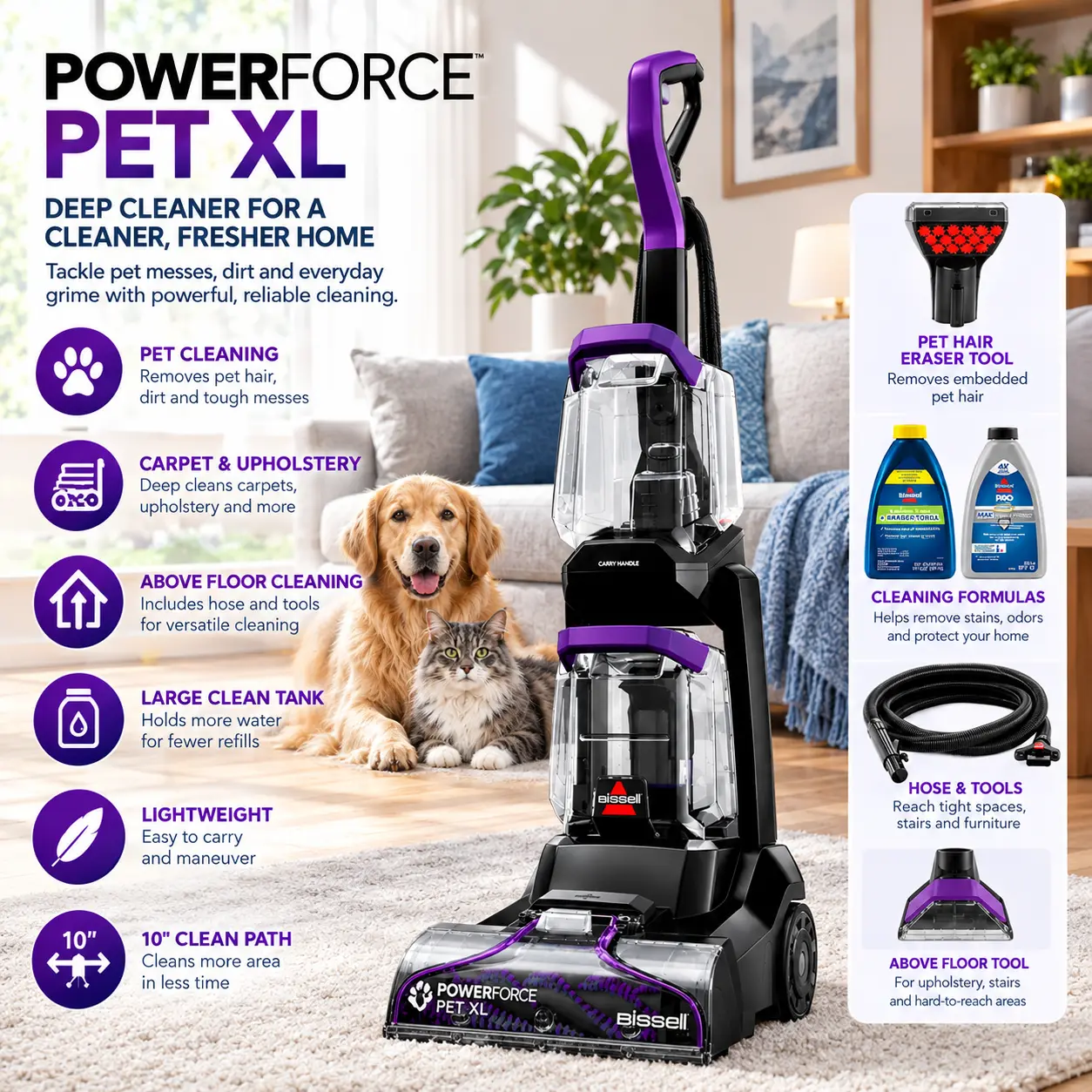 BISSELL PowerForce Pet XL Upright Deep Cleaner, for Carpet and Upholstery, 10" Clean Path, Above Floor Cleaning, Large Clean Tank, Lightweight, 3748, Black