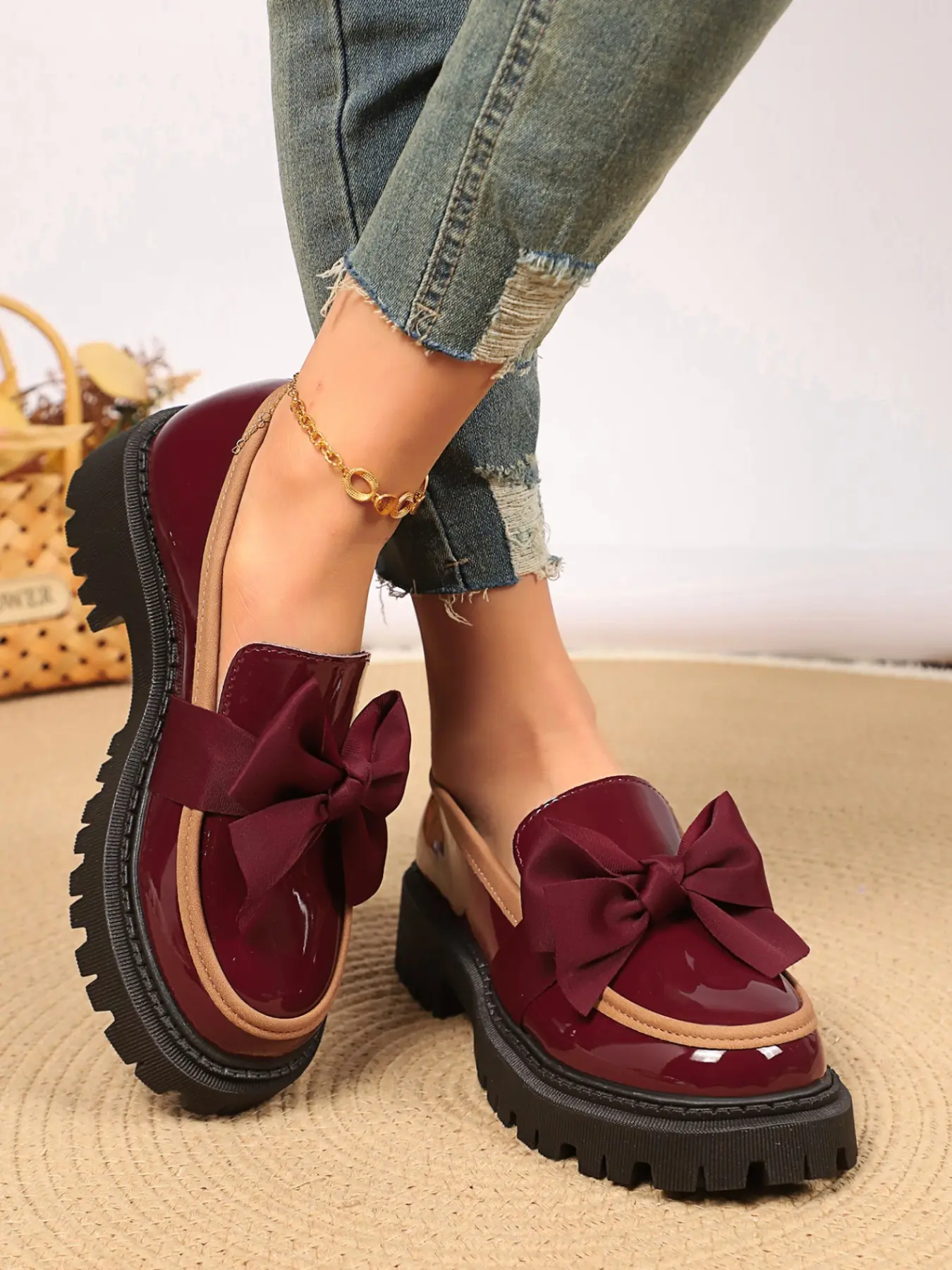 Women's Leather Butterfly Knot Thick Sole Loafers, British Style Colorblock Small Shoes, Versatile Height-Boosting Platform Sneakers, Casual Shoes, Flatform