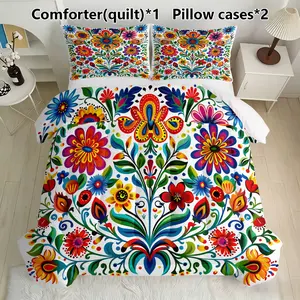 Vintage Floral Quilt Set with Pillowcases, Soft Breathable Polyester Fiber, 3-Piece Bedding for Home or Dorm Use, Includes Filling