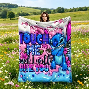 Sweet Cool Cartoon Nap Blanket, Stitch Face and Blue Butterfly Floral, Creative Digital Print Flannel, Multi-Purpose Blanket